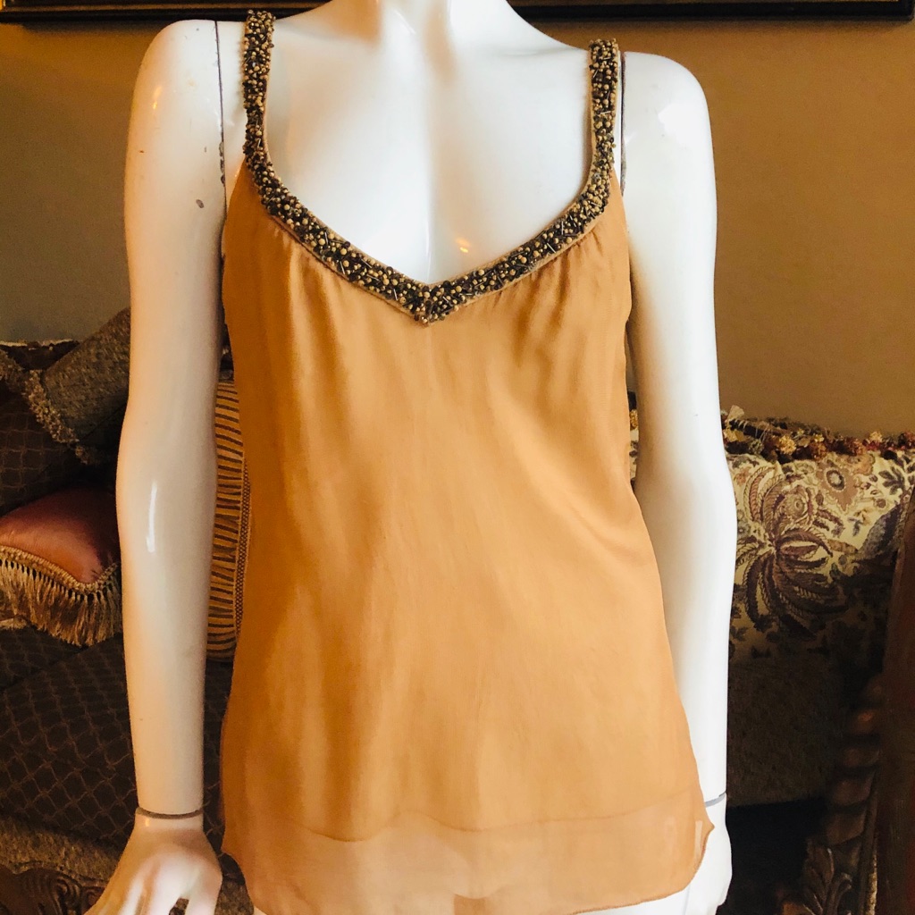 Elie Tahari Tan Silk Beaded Sequins Straps S